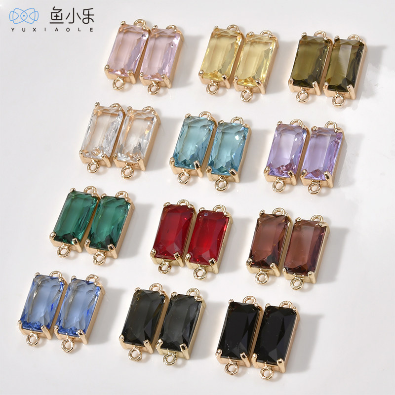 铜保色电镀透明水钻长方形双吊挂坠diy手链项链耳饰品吊坠配件