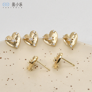 14k包金铜保色锆石拉丝带吊爱心耳针diy耳环耳饰品基础配件材料