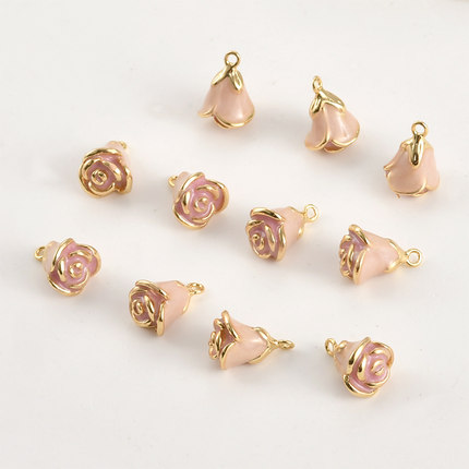 14K真金保色樱花粉玫瑰花苞滴油吊坠diy手作手链项链耳饰配件
