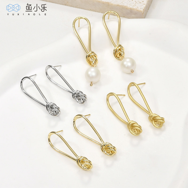 镀14k金铜线打结线条银针耳钉diy珍珠耳环小众饰品手作配件材料
