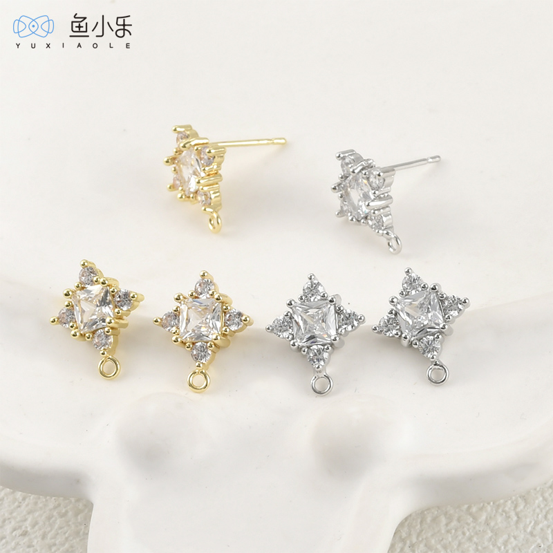 14k电镀真金白锆菱形带吊耳钉