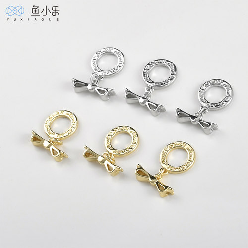 铜镀14k金蝴蝶结刻字圆圈OT扣diy