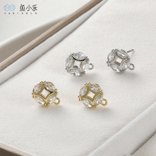 14k镀真金保色钱币镶锆石耳钉带吊diy手作耳环耳饰品配件材料