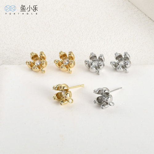 铜镀真金石榴花锆石竖吊耳钉diy