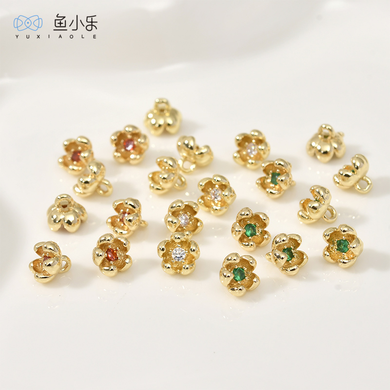 铜镀14k金精致锆石小花朵吊坠DIY
