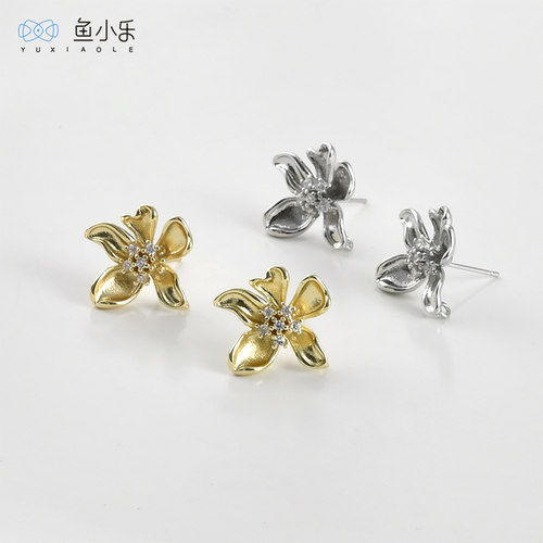 铜镀14k金锆石花芯花朵耳钉diy