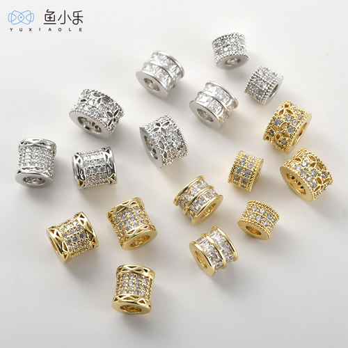 铜镀14k金镶锆石大孔桶珠吊坠DIY