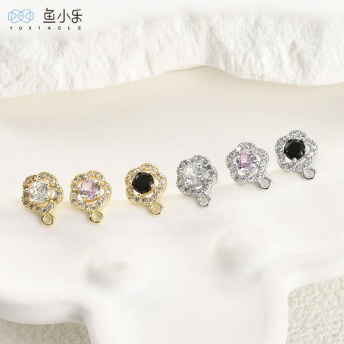 铜镀14k金小梅花镶锆石带吊耳钉