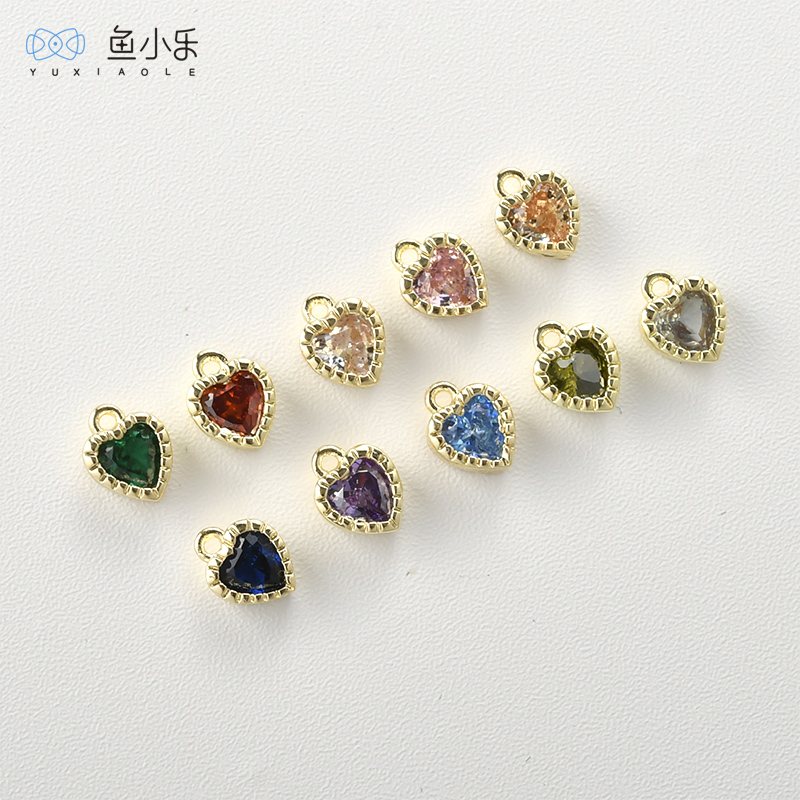 铜镀14k真金爱心镶彩锆小吊坠diy