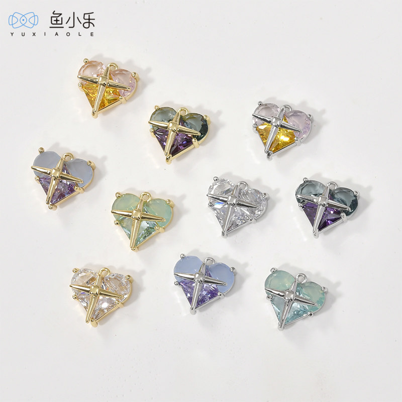 铜镀14k金色保色双色锆石爱心十字吊坠挂坠diy手链项链耳饰品配件