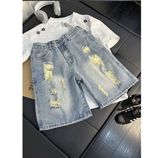 蓝色水洗破洞牛仔短裤男夏季美式复古半截裤子直筒五分乞丐休闲裤
