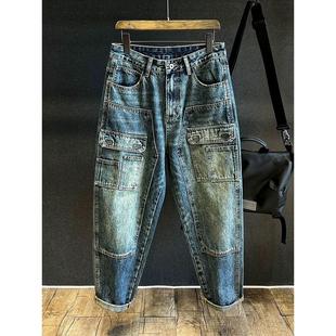 秋季牛仔裤男美式高街复古水洗毛边设计感潮流宽松裤子