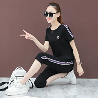 Zhu Qiqi 2019 hè mới cotton giản dị thoải mái diện đồ thể thao cho bé gái thiết lập áo thun cổ tròn thời trang hai mảnh - Thể thao sau đồ bộ thể thao nữ dài tay