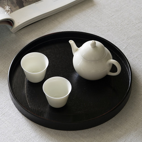 出口日本贴布漆器茶盘圆形黑色餐盘茶道家用茶具pu漆托盘大号木质