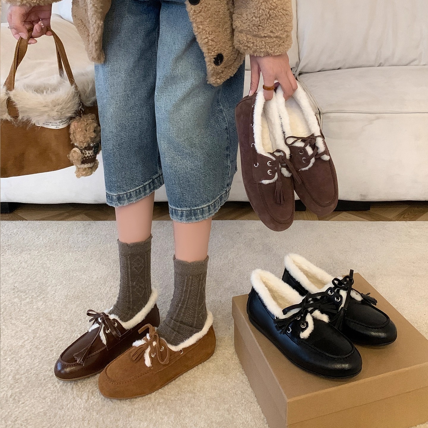 喵唔的天空流苏毛毛乐福鞋女