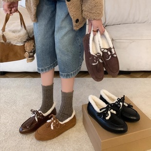 女流苏蝴蝶结加绒保暖小皮鞋 复古通勤毛毛乐福鞋 天空冬季 喵唔