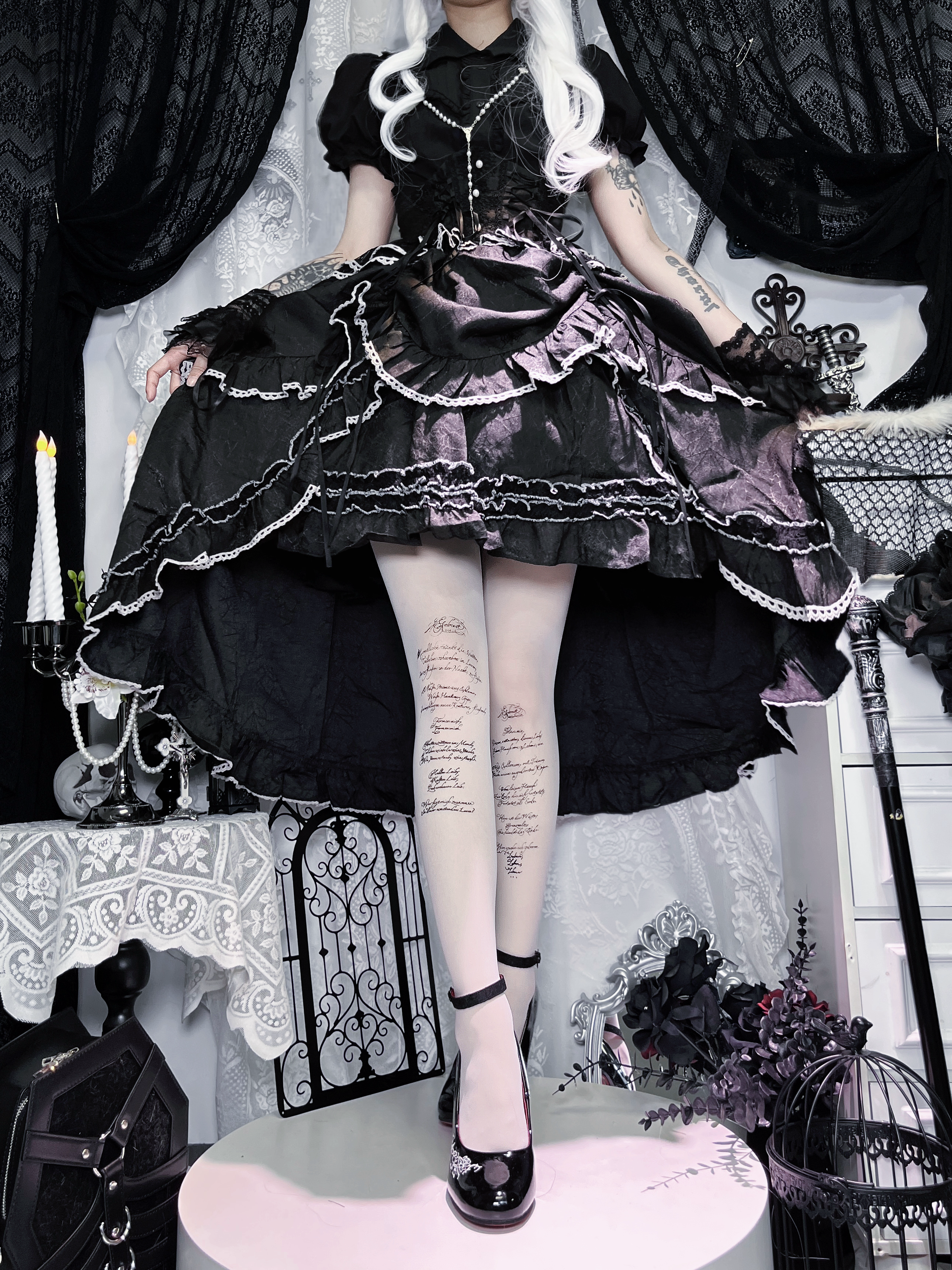 san的储物间原创Lolita哥特体手写连腿袜丝袜裙lo印花连裤袜子