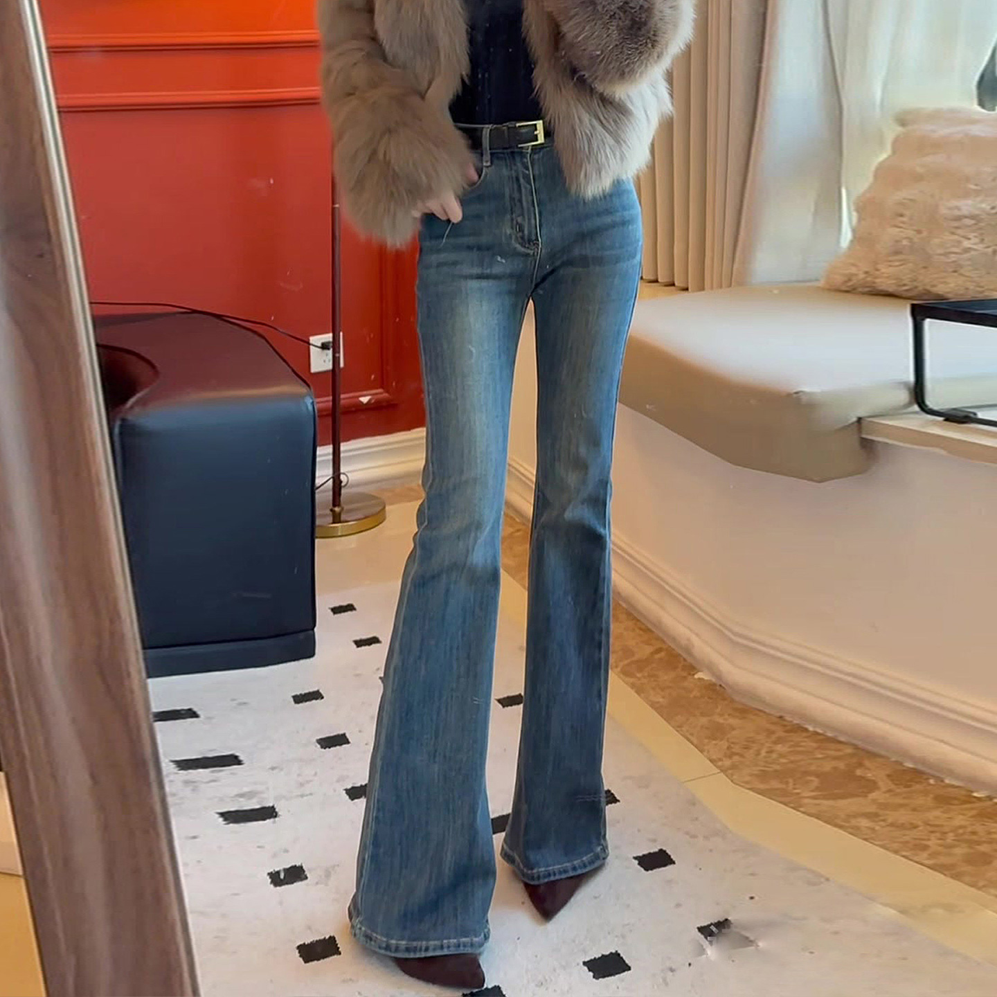 秋冬加绒高腰显瘦微喇牛仔裤女