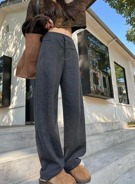PLER灰色阔腿裤女2025秋冬新款加厚直窄香蕉裤羊毛折边休闲裤子