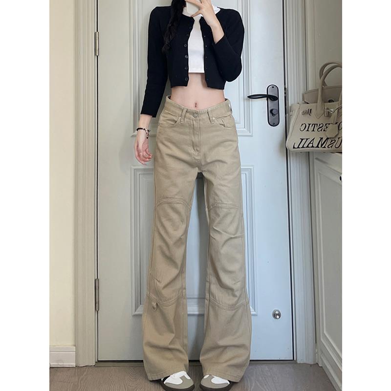 卡其色微喇工装牛仔裤女20