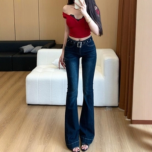 子 PLER低腰紧身腰带微喇牛仔裤 弹力显瘦喇叭裤 新款 女2025年夏季