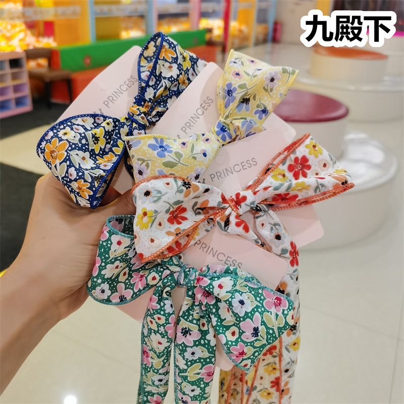 女生碎花蝴蝶结长飘带发夹编发发饰头花清新淑女风头花超仙马尾夹
