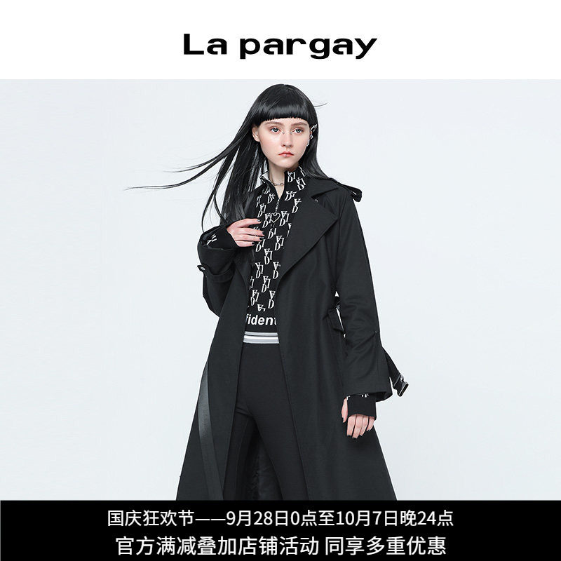 纳帕佳黑色长款翻领收腰女风衣