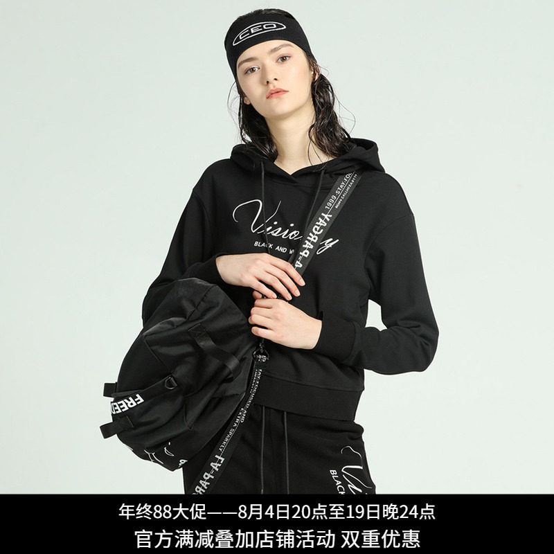 纳帕佳黑色连帽宽松字母卫衣女