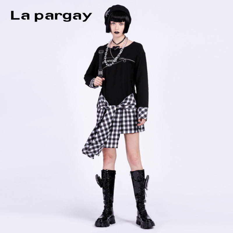 拼接格子不规则上衣长袖