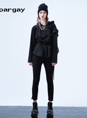 纳帕佳荷叶边装饰连帽套头卫衣2024春夏新款女式黑白色不规则上衣