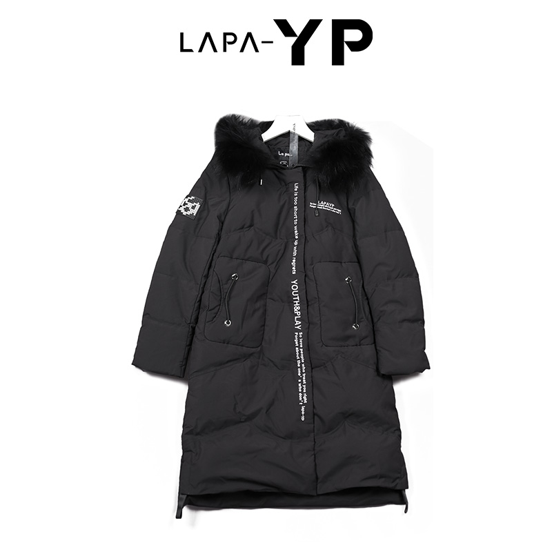 纳帕佳YP2023冬季新品黑色印花羽绒服貉子毛领加厚长款羽绒外套女-封面