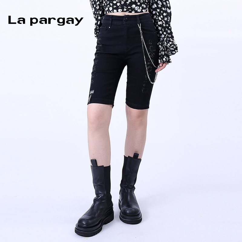 La pargay纳帕佳酷感休闲黑色高腰牛仔五分短裤女弹力显瘦骑行裤