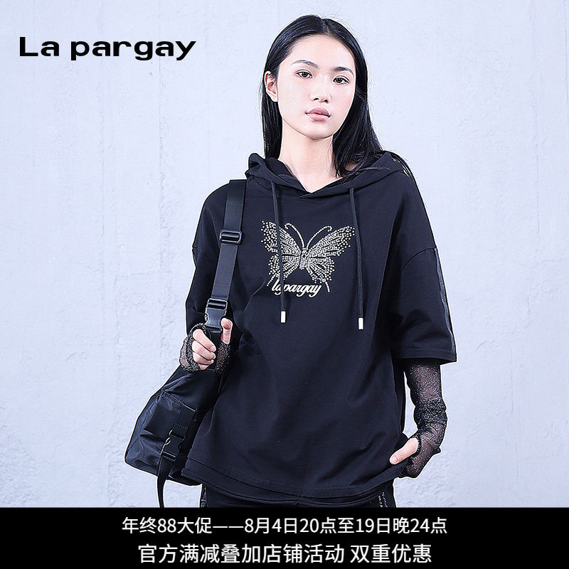 纳帕佳暗黑蝴蝶烫钻连帽T恤女