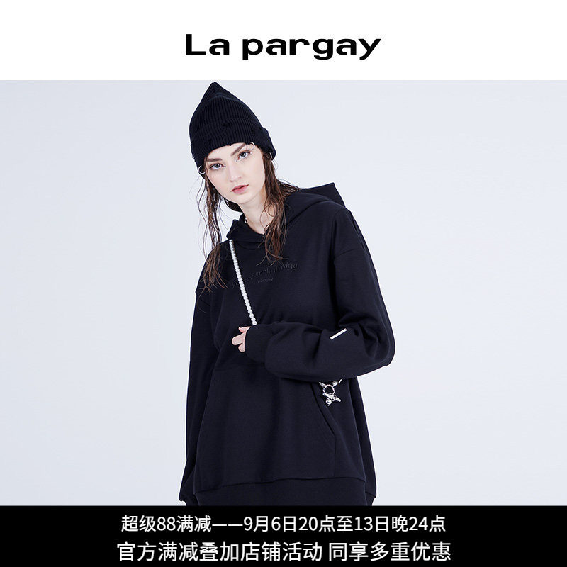 纳帕佳黑色连帽宽松长款卫衣女