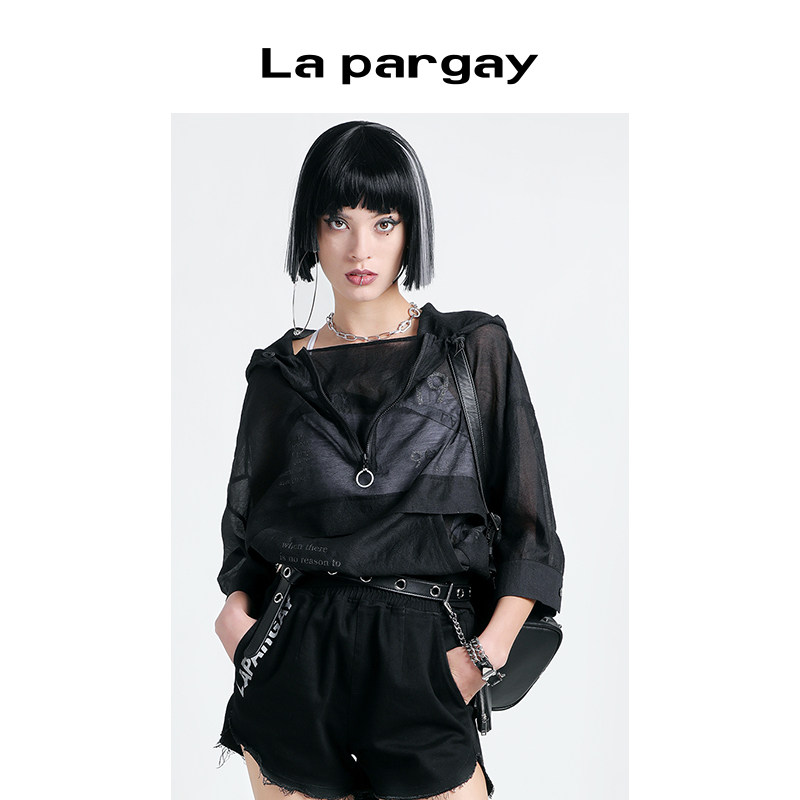 Lapargay纳帕佳2024夏季新款女装黑白色上衣拉链装饰连帽套头外套