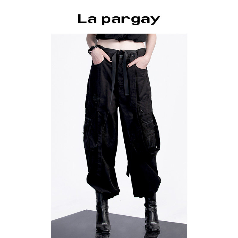 La pargay纳帕佳暗黑风不对称多袋工装裤女黑色束脚休闲裤子酷感