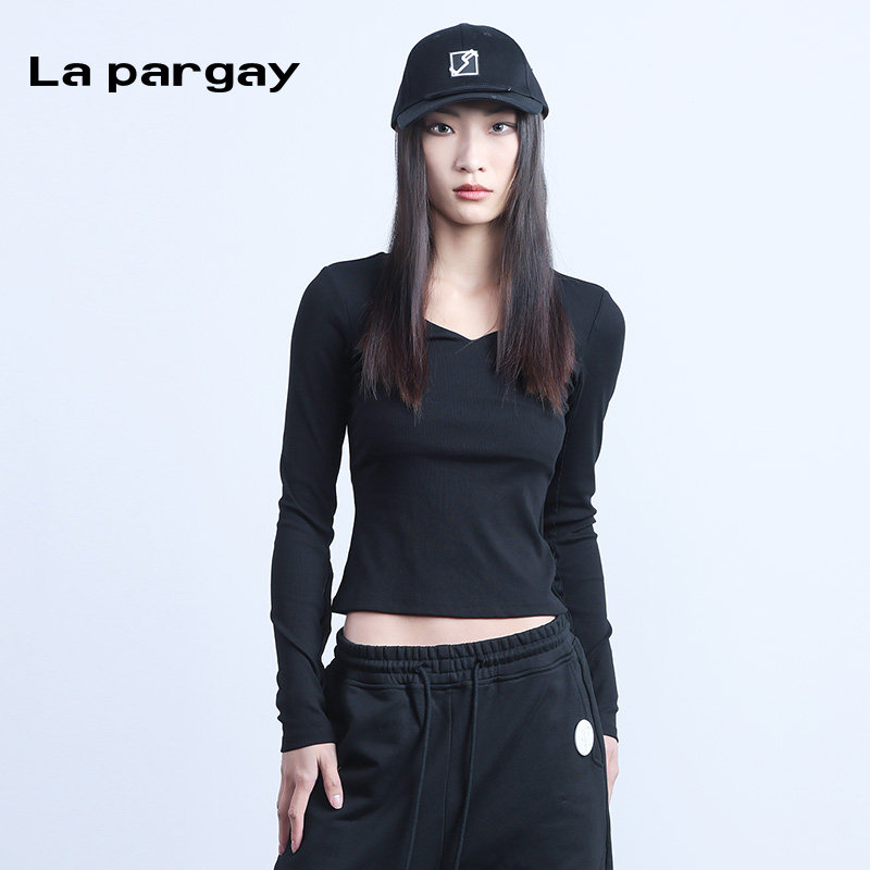 La Pargay纳帕佳黑色长袖V领修身针织T恤打底衫女显瘦百搭上衣
