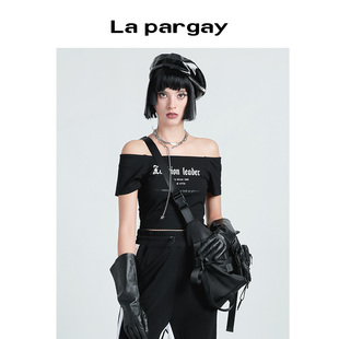 黑色修身 一字肩t恤夏女2024新款 显瘦上衣 短款 Lapargay纳帕佳时尚