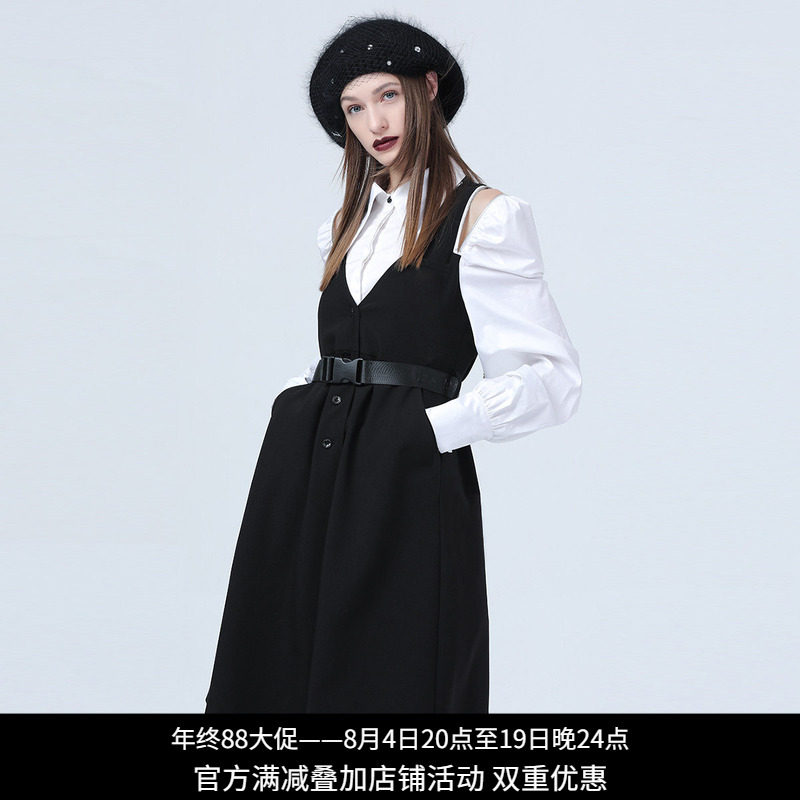 老钱风V领收腰长袖衬衫连衣裙