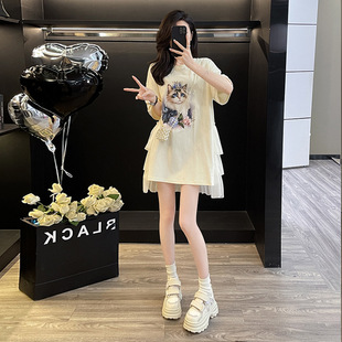 时尚连衣裙潮流小个子宽松气质高级感休闲圆领夏薄款设计感减龄