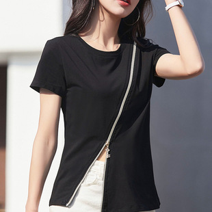韩版 T恤女厂家直供拉链纯棉百搭时尚 圆领7307 短袖 2025春夏装