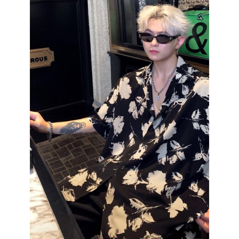 叠穿日系法式古巴领花衬衫男款短袖夏天痞帅高级感外套性张力穿搭