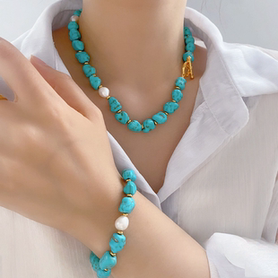 天然绿松石搭配淡水养殖珍珠项链镀18K金手工串珠锁骨链开运手链