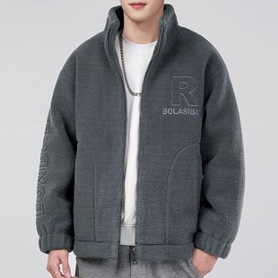 冬季加绒加厚保暖毛呢大衣男摇粒绒棉服宽松工装立领加宽大码外套