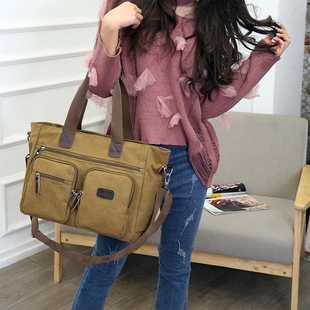 原创水洗帆布手提包女时尚休闲单肩斜挎包大容量多口袋女士公文包
