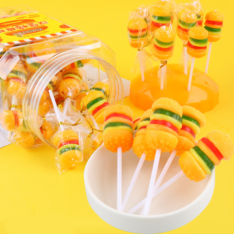 60支装 创意造型汉堡棒棒糖酸甜水果味维c橡皮糖qq软糖高颜值零食