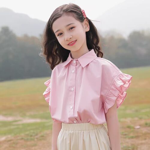 女童夏季洋气小飞袖衬衫两件套