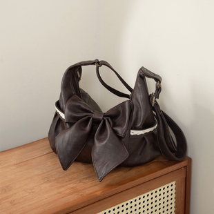 复古vintage棕色系带蕾丝蝴蝶结单肩斜挎包简约轻便文艺休闲挎包