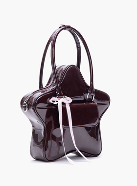 HIATUS原创漆皮巧克力五角星双肩手提斜挎包夏季可爱蝴蝶结手提包