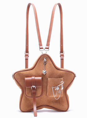 HIATUS原创复古棕色五角星挂坠胸针装饰多口袋双肩斜挎包休闲背包